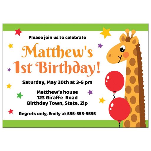 Bright and fun birthday party invitation for kids with cute giraffe and balloons