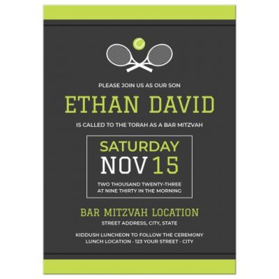 Tennis Bar Mitzvah invitation with rackets and tennis ball