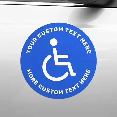Customizable blue circular car magnet with white wheelchair accessibility icon and editable white curved text.