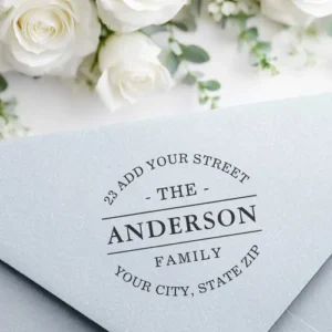 Custom family return address stamp with customizable name, street, city, and ZIP. Elegant serif text and classic curved layout for envelopes and stationery.