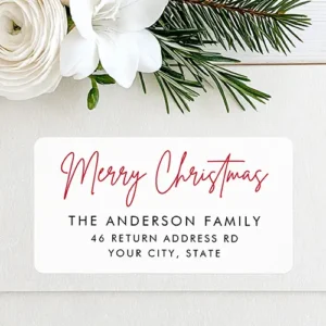 Horizontal rectangular return address label featuring a red script "Merry Christmas" greeting at the top, followed by a stacked black uppercase family name and two lines of street and city address text.