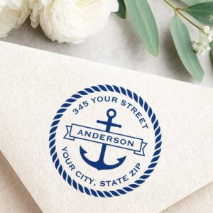 Custom round nautical anchor rubber stamp with rope border and personalized address text. Perfect for coastal homes, envelopes, packaging, and nautical stationery.