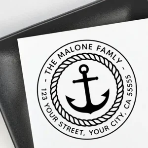 Round stamp design featuring a central ship anchor icon enclosed by a twisted nautical rope border and arched custom name and address text.