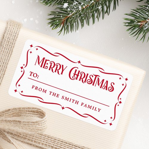 Customizable Christmas gift tag label in red and white with festive border and “Merry Christmas” text.