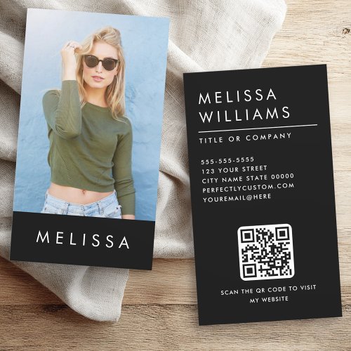 Modern black minimalist custom photo QR code Business Card