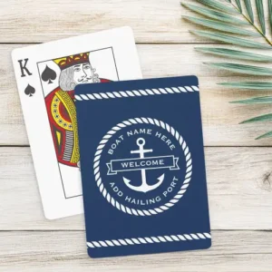 Navy blue playing cards featuring a white rope border and a central circular emblem with an anchor and banner. Curved text placeholders above and below the anchor allow for custom personalization.