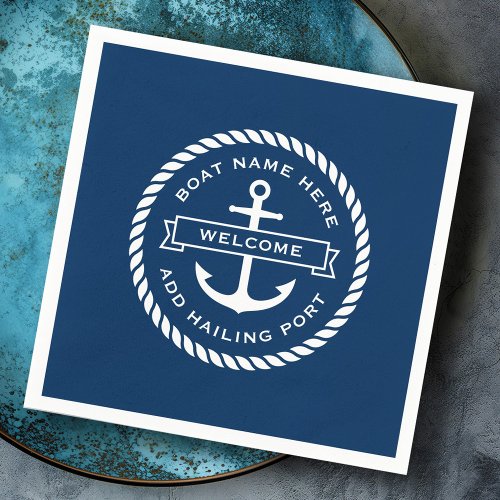 Personalized nautical napkins with anchor design, boat name, and hailing port.