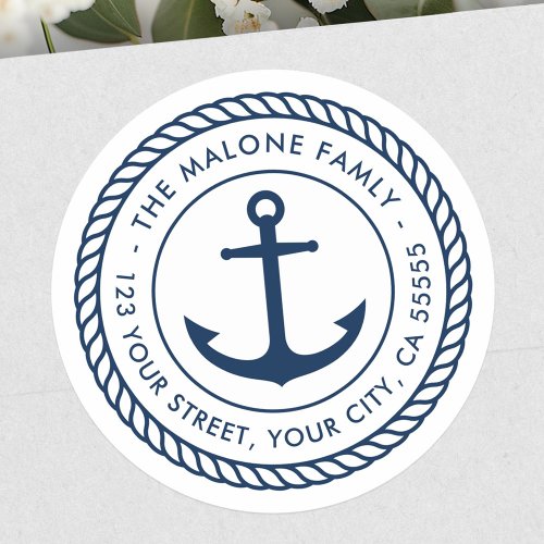 Anchor rope border nautical white return address classic round sticker