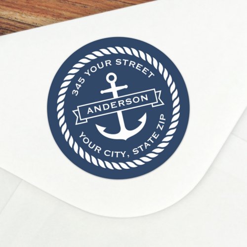 Anchor with rope border and family name on banner return address sticker