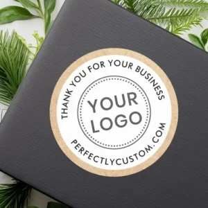 Custom round thank you sticker featuring kraft paper style border, and custom logo and text on a white center