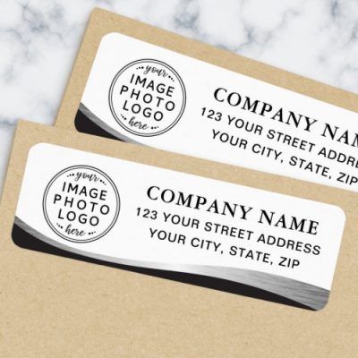 Custom logo business return address label with black and silver gray gradient curved border