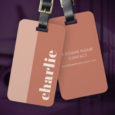 Modern minimal vertical name luggage tag in terracotta shades