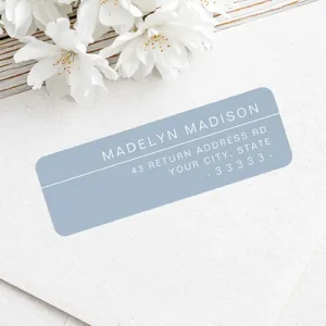 Modern rectangular address sticker featuring a dusty slate blue backdrop with a white divider line, white uppercase name typography, and right-aligned address text.