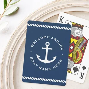 A rectangular custom playing card with rounded corners, featuring a solid deep navy blue background. White twisted rope patterns border the top and bottom edges. In the center, a large white anchor graphic is surrounded by arched text reading "WELCOME ABOARD" on top and a custom text placeholder on the bottom.