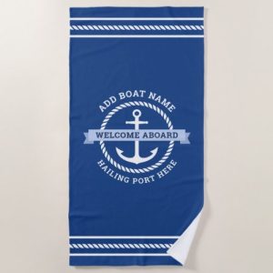 Welcome aboard beach towel with custom boat name anchor and rope border