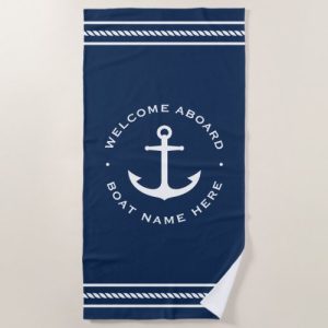 Welcome aboard dark blue beach towel with your custom boat name and anchor