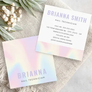 Double-sided square business card with a printed, iridescent color gradient background. Chic and modern design.