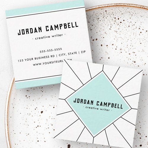 Retro radial geometric aqua blue white minimal square business card