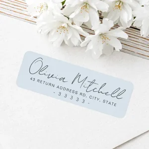 Rectangular address sticker featuring a soft pale muted blue background with a dark handwritten style script name and centered dark block address text.