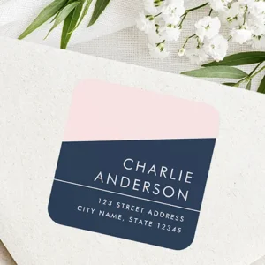 Square self-adhesive label split diagonally into blush pink and dark navy blue sections, featuring blush pink uppercase text for a name and right-aligned address lines.