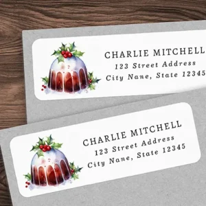 A horizontal rectangular sticker label with rounded corners on a white background. The left side features a watercolor style painting of a Christmas pudding topped with white icing and holly berries. The right side features three lines of customizable black text for name and address.