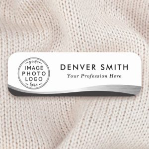 Black and faux silver gradient wave white name tags with custom logo, name and title
