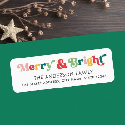 Merry and bright colorful retro font return address labels