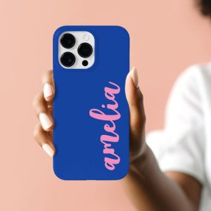 Bold and colorful blue Case-Mate iPhone case with your name in pink