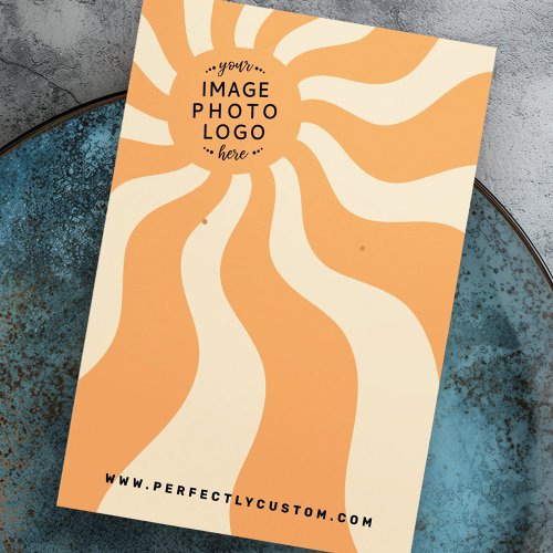 Retro orange-yellow and cream customizable earring card with bold sunburst design, logo placeholder, and space for QR code and contact details.