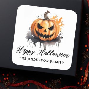 Spooky Happy Halloween sticker with watercolor Jack-o-Lantern and custom name