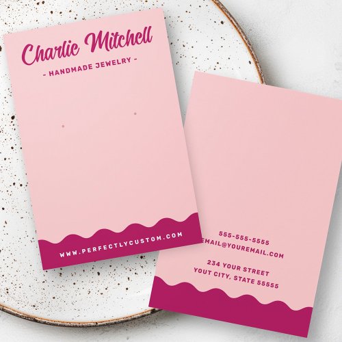 Pink earring display card with magenta wave border, featuring placeholders for brand name, website, and contact details. Customizable jewelry packaging