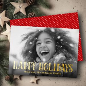 Happy Holidays festive dotted stripes red photo Foil Holiday Card