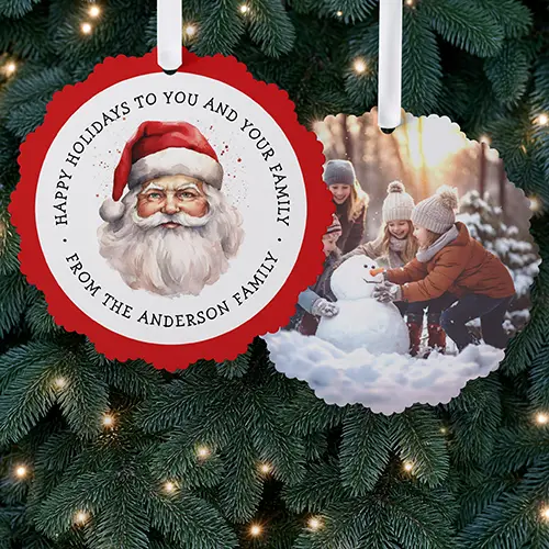 Scalloped round double-sided paper ornament card featuring a watercolor Santa Claus portrait with arched holiday text and red border on one side, and a custom photo on the other.