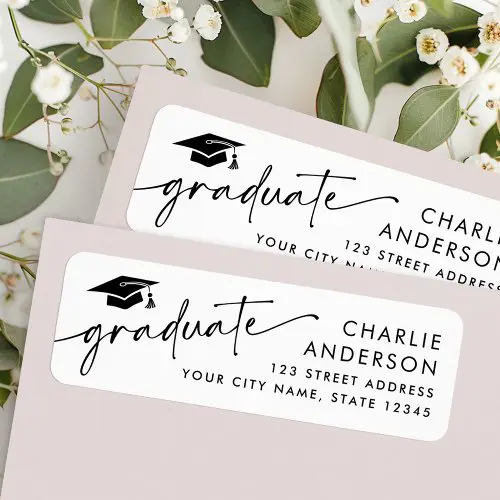 A rectangular white return address label featuring a black graduation cap icon, the word "graduate" in script, and customizable name and address text.