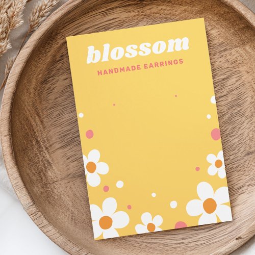 Yellow daisy earring display card with white flowers and customizable contact details.