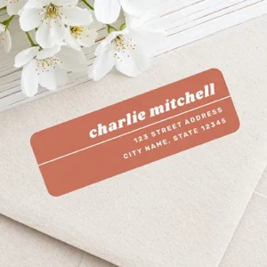 Horizontal rectangular terracotta rust brown return address sticker with a white horizontal line dividing a lowercase italic retro serif name on top and right-aligned sans-serif address text below.