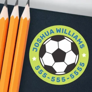 Personalized soccer paper sticker featuring a soccer ball, lime-green border, and blue text. Designed for labeling books, folders, and stationery items.