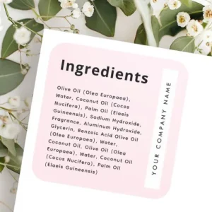 Light pink square label with black minimalist font, white vertical company name panel, and customizable text fields for ingredients or product info.