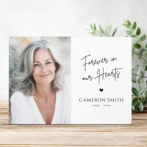 Custom “Forever in Our Hearts” memorial plaque with your custom photo and personalized name and dates on a white background.