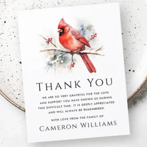 Watercolor cardinal memorial thank-you card with red cardinal illustration on winter branch and customizable sympathy message.