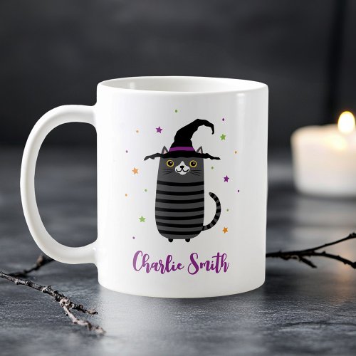 Cat with witch hat and name cute Halloween Coffee Mug