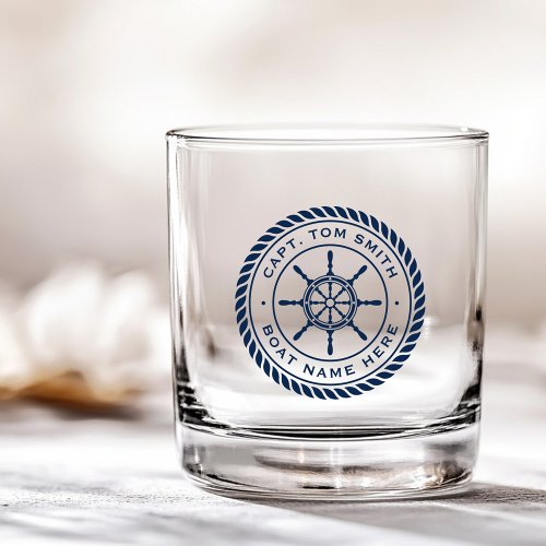Custom captain boat name nautical ship's wheel whiskey glass