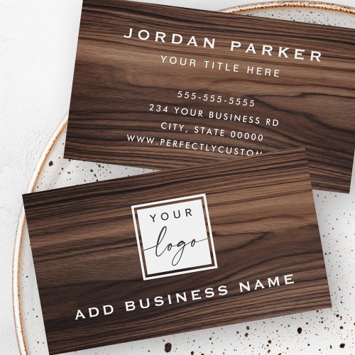 Custom dark wood business card with walnut-style background, modern sans-serif typography, and custom logo template. Professional and elegant design for small businesses, consultants, and entrepreneurs.
