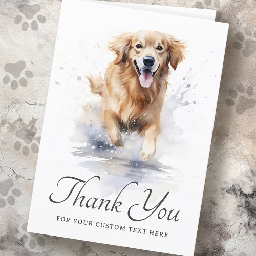 Golden retriever thank you card with joyful dog watercolor and personalized text