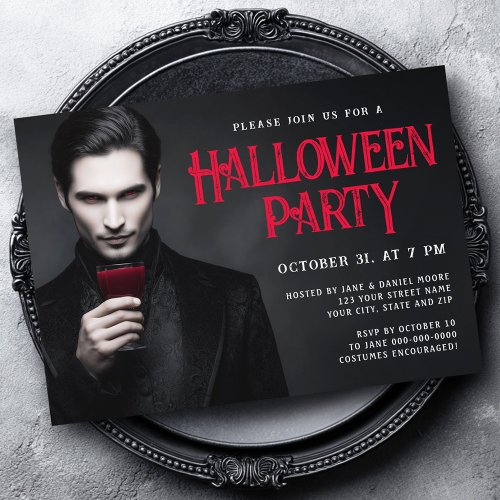 Handsome vampire drinking blood Halloween party Invitation