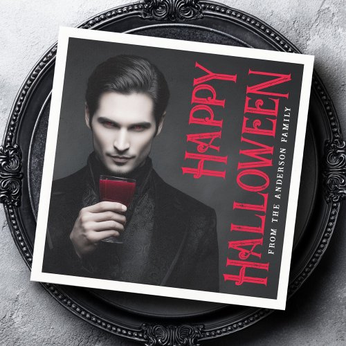 Handsome vampire drinking blood Halloween party Napkins