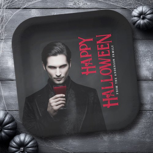 Handsome vampire drinking blood Happy Halloween Paper Plates