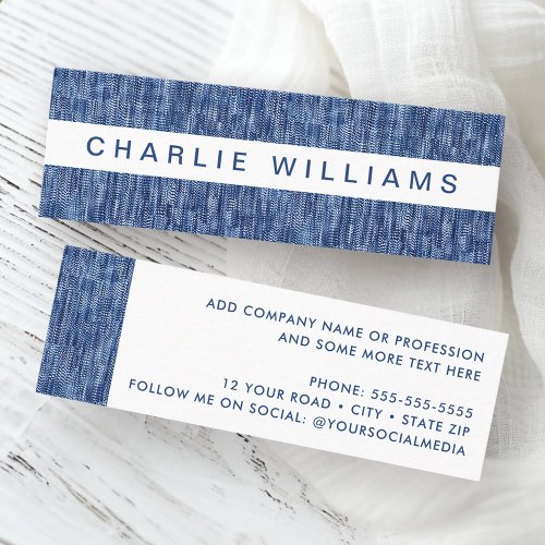 Stylish blue denim mini business card featuring white central strip, and customizable professional contact details on front and back.