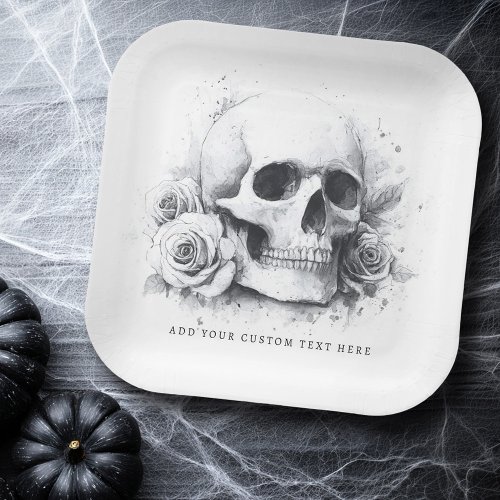 Skull with roses watercolor painting paper plates