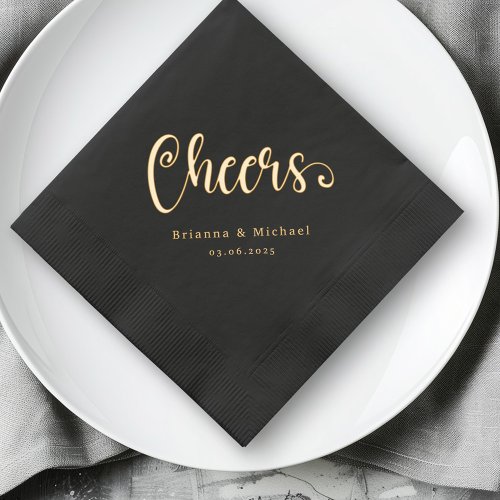 Cocktail napkin with shiny metallic foil “cheers” lettering in script and your custom name and date.